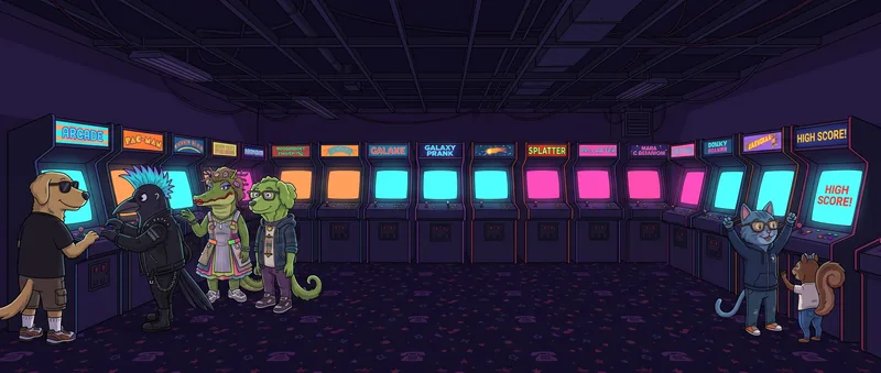 The Zoo Crew playing a row of glowing arcade cabinets